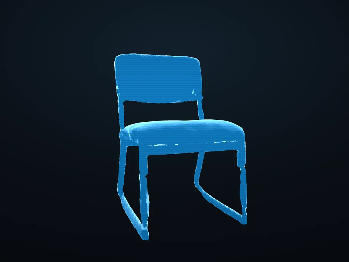 The scanned sample chair drawn as a glowing blue hologram